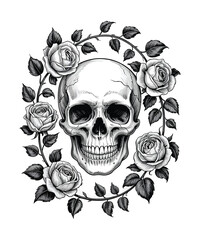 Fototapeta premium Black and white skull surrounded by roses and leaves