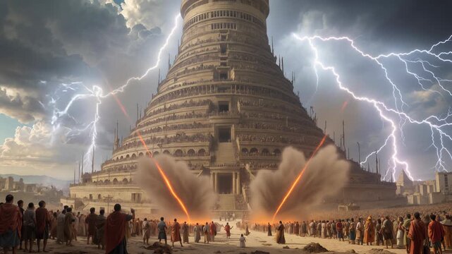 Tower of Babel with lightning and storm clouds. Biblical scene showing ancient massive stone tower with crowds of people gathered below. Divine judgment and confusion of languages mythology.