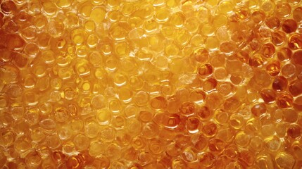 Golden Honeycomb close up: An eye-level perspective showcases a close-up view of honeycomb, its hexagonal cells filled with glistening golden honey.