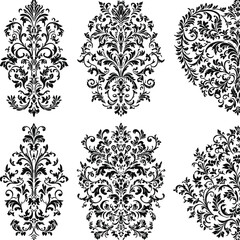 Ornamental Floral Vector Set &mdash; 6 Black Damask-Style Designs with Symmetrical Scrollwork and Baroque Botanical Flourishes
