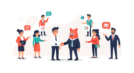 Diverse group of people and a mascot character shaking hands in a business meeting setting with communication icons floating around.