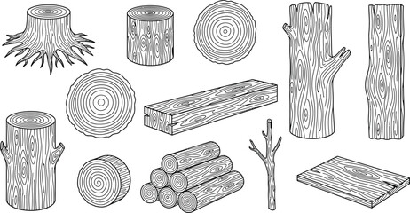 Wood logs and tree trunks vector illustration outline