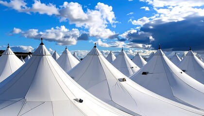 View over multiple white peaked tents under a blue sky filled with fluffy clouds