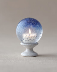 Eerie halloween night horror and child-safe spookinessEerie candlelight glows inside cracked glass sphere stand creating child safe Halloween