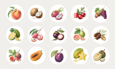 Watercolor Fresh Exotic and Common Fruit Icons