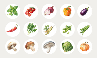 Watercolor Garden Herbs, Vegetables, and Mushroom Icons