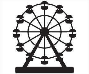 Black silhouette of Ferris wheel isolated on white background, simple amusement park vector illustration for fairground, carnival, festival, entertainment, ride, travel, holiday, and leisure design us