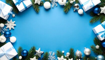 Christmas gifts and ornaments on a vibrant blue background