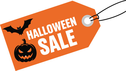 Spooky Halloween sale tag with pumpkin and bat illustration