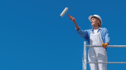Female caucasian adult painting under clear blue sky wearing overalls
