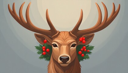 Cartoon deer portrait with large antlers and holiday berry & pine decorations