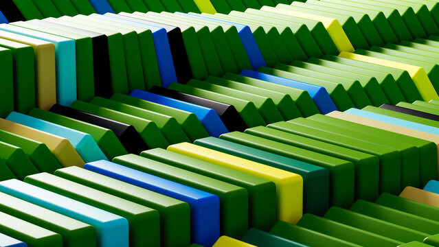 Dynamic arrangement of colorful dominoes creates abstract design