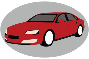 Obraz premium Modern red sedan car illustration on a gray oval background, sleek and stylish vector design perfect for automotive, transport, or branding use.