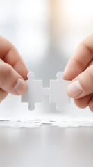 Hand places last puzzle piece into blank white background, symbolizing solution, problem solving, teamwork and final achievement concept, with minimal style and clear copy space.