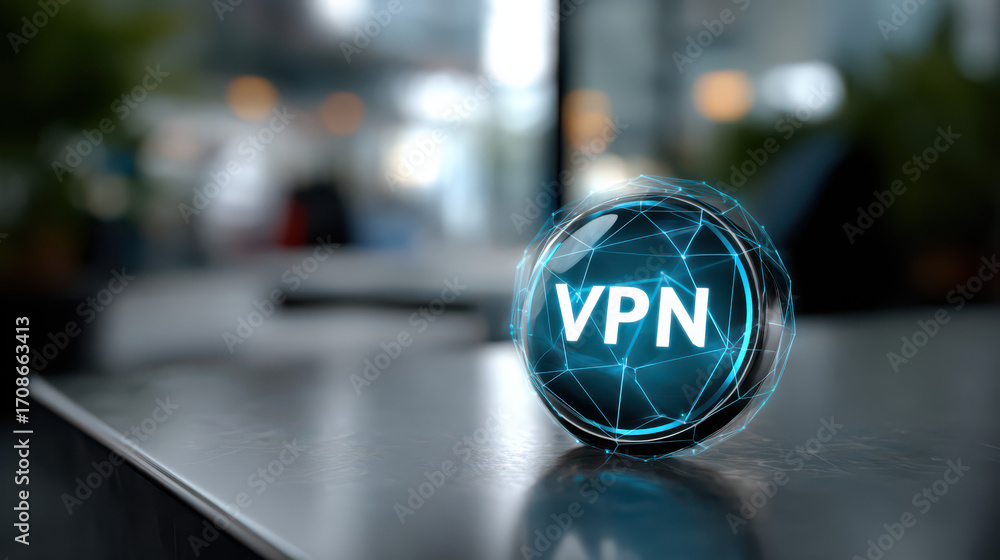 Poster vpn secure access sphere: a luminescent, futuristic orb featuring the acronym vpn, symbolizing secur