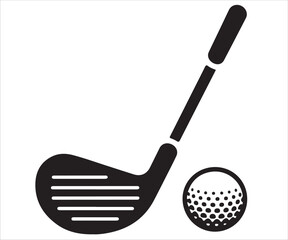 Black silhouette of golf club and ball isolated on white background, simple sports vector illustration for golfing, competition, recreation, outdoor game, training, hobby, professional sport, and leis