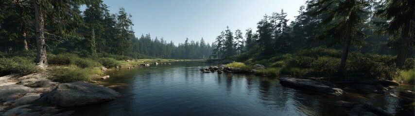 Fototapeta premium Serene river bend surrounded by lush trees nature hdri panoramic view tranquil outdoor environment