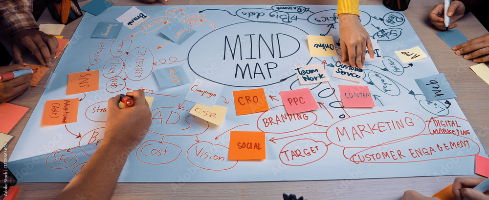 Poster a vibrant scene of a collaborative mind mapping session showcasing diverse hands engaged in brainsto