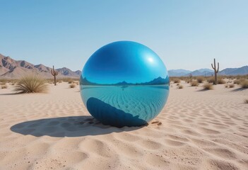 Cool Reflections  A Sky Blue Mirrored Sphere Creates an Illusion of an Oasis in the Arid Desert Landscape, Southwestern Minimal Art