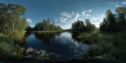 Panoramic hdri view of a serene river bend surrounded by lush trees in tranquil nature environment