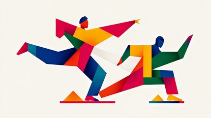 Fototapeta premium Abstract geometric Milan Cortina 2026 Winter Olympics stylized artwork of skiing athletes racing in colorful abstract forms with dynamic