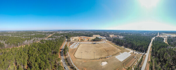 Aerial landscape of Patriots Park Grovetown winter after Hurricane Helene Augusta Georgia