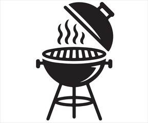 Black silhouette of barbecue grill with lid and steam isolated on white background, simple cooking vector illustration for food, picnic, summer party, outdoor kitchen, restaurant, and holiday design u