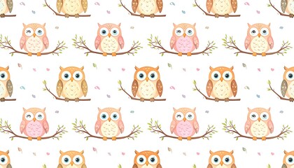 Cute owls on branches in a repeating pattern
