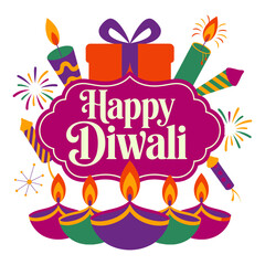 Happy Diwali gift box, rockets and diyas, festive label badge, holiday greeting design, bright celebration artwork, vector