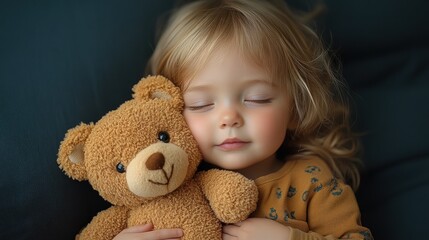 A toddler girl sleeps peacefully nestled against a teddy bear
