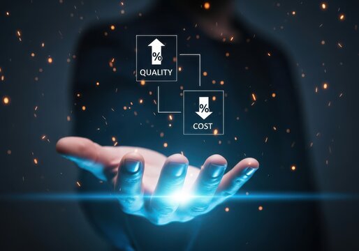 A persons open palm displays a digital interface showing arrows indicating an increase in quality and a decrease in cost, symbolizing efficiency and cost optimization strategies - Powered by Adobe