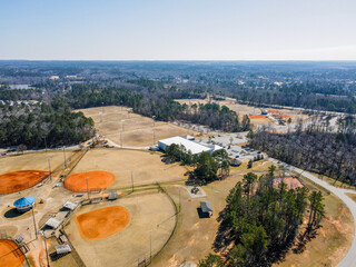 Aerial landscape of Patriots Park Grovetown winter after Hurricane Helene Augusta Georgia