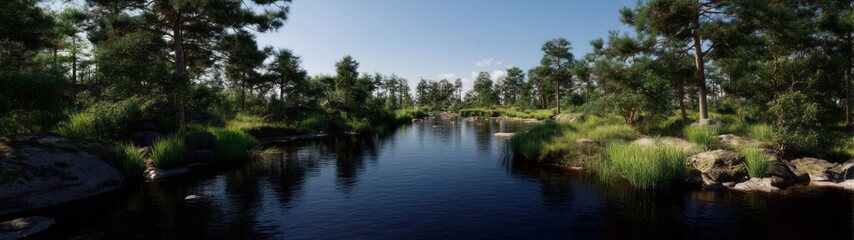 Serene river bend surrounded by lush trees nature hdri panoramic view in a tranquil environment
