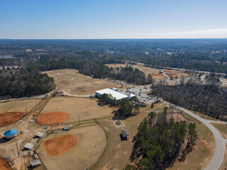 Aerial landscape of Patriots Park Grovetown winter after Hurricane Helene Augusta Georgia