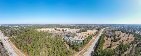 Aerial landscape of Patriots Park Grovetown winter after Hurricane Helene Augusta Georgia