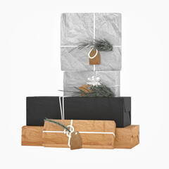 Christmas tree and gift boxes, decor 3d render