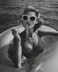 Glamorous 1950s Italian woman eating spaghetti on a floatie on the beach, black and white © Maria