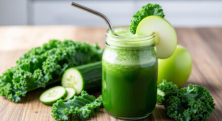 A healthy green smoothie in a glass jar with a metal straw, garnished with an apple slice, surrounded by fresh kale and cucumber.