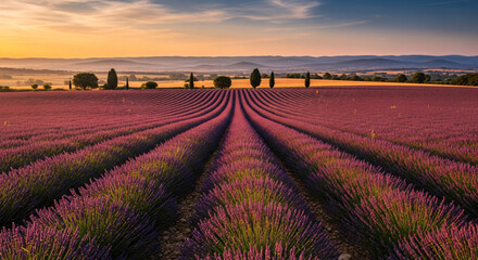 Rows of blooming lavender stretch towards the horizon under a soft, golden sunrise in the French countryside.