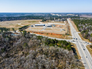 Aerial landscape of Patriots Park Grovetown winter after Hurricane Helene Augusta Georgia