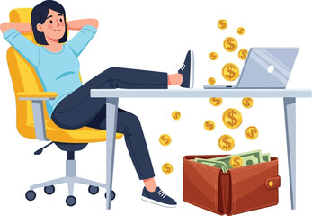 Relaxed woman achieving financial success and earning money easily online