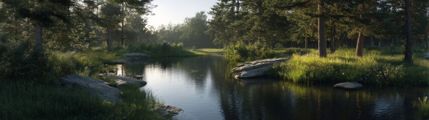 Serenity of a curved river bend surrounded by lush trees hdri panoramic landscape tranquil morning light