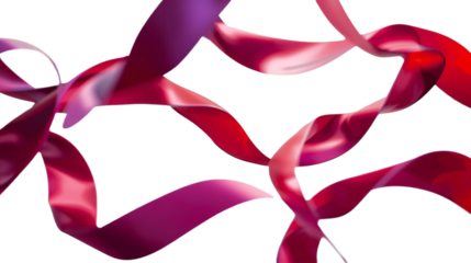 Red and magenta ribbons stream across the frame, silky bands curling and unfurling in long diagonal waves that feel buoyant and bright against a simple white field