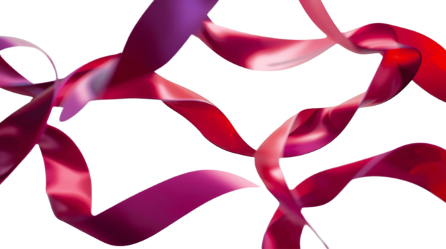 Red and magenta ribbons stream across the frame, silky bands curling and unfurling in long diagonal waves that feel buoyant and bright against a simple white field