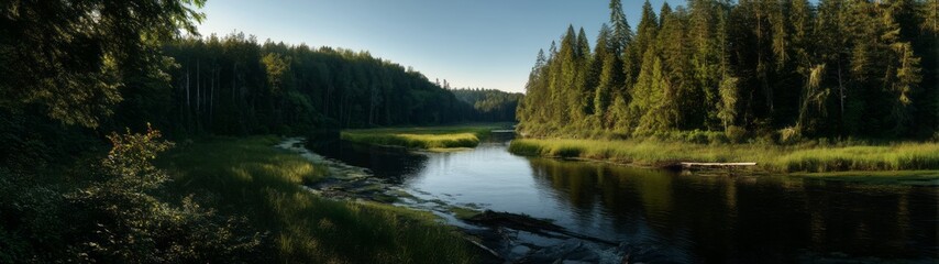 Obraz premium Stunning exported river bend surrounded by trees hdri panoramic view in serene nature environment