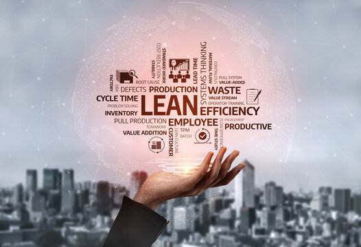 A creative representation of lean management concepts held in hands, symbolizing efficiency and productivity in business, against an urban background. Tessel - Powered by Adobe