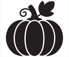 Black silhouette of pumpkin with leaf isolated on white background, simple vegetable vector illustration for Halloween, autumn harvest, Thanksgiving, organic food, agriculture, and festive design use