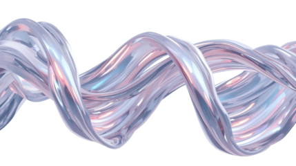 Iridescent ribbons in pale silver and lavender twist together, a glossy braid of satin arcs gliding across clean white with pearly reflections and soft, weightless motion