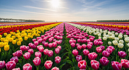 Vibrant tulip field with rows of colorful flowers under a sunny sky.