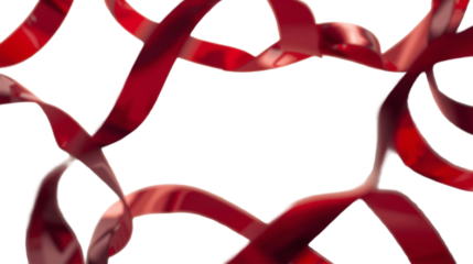 Loose red satin ribbons sweep through open space, soft curls drifting diagonally across white with gentle highlights and plenty of air around the bright, flowing strands